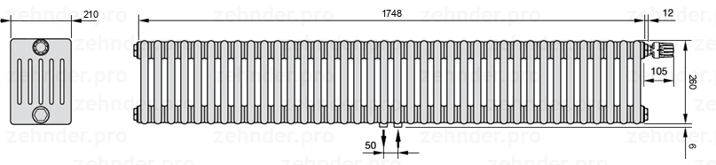 Схема (чертеж) Радиатор Zehnder Charleston 6026/38 №V008 Белый глянцевый RAL 9016